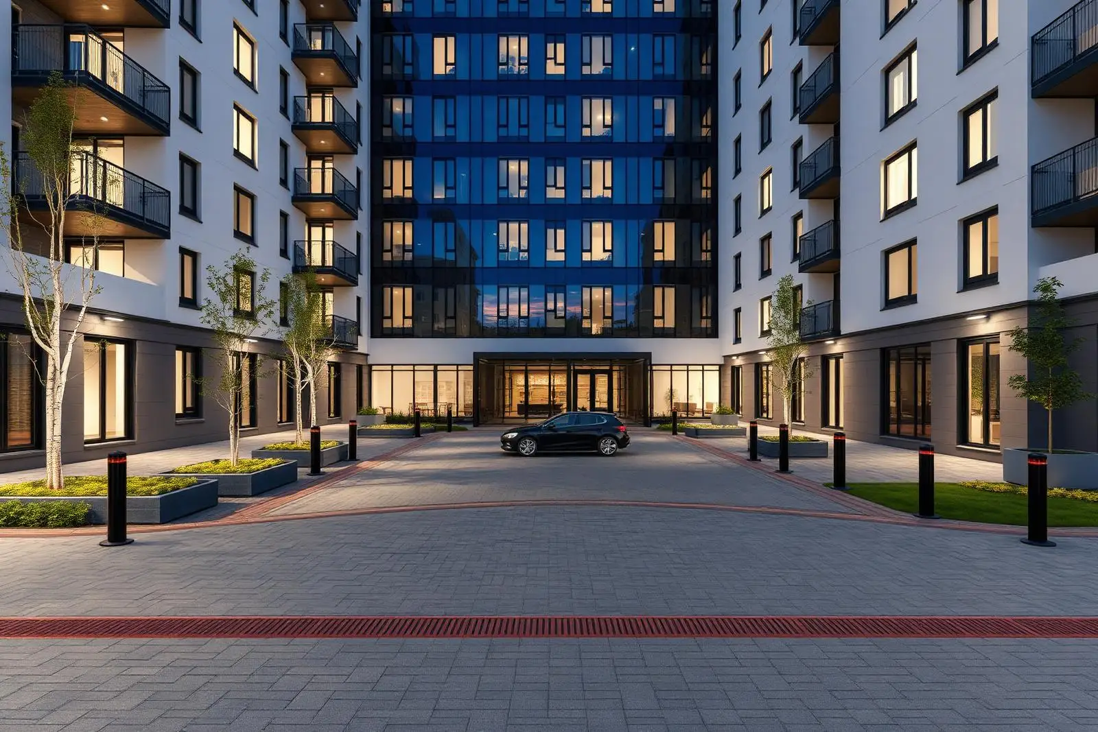 Nordic Grey apartment complex forecourt — Salford Quays, Manchester
