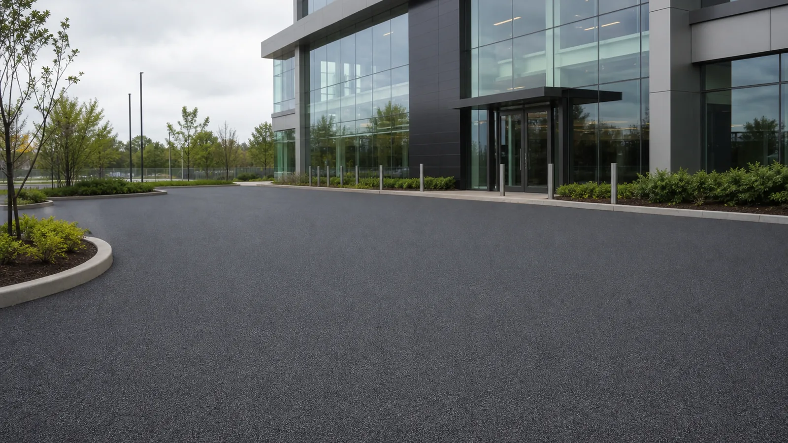 Commercial resin bound forecourt outside a modern UK office building