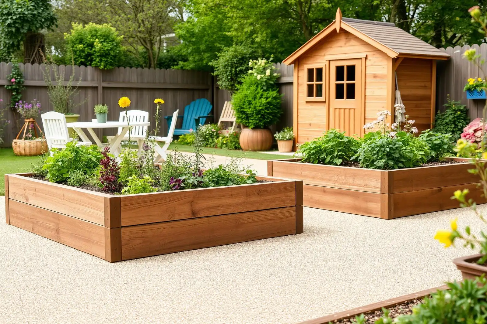 Spring Haze family garden with raised beds — Cambridge, Cambridgeshire