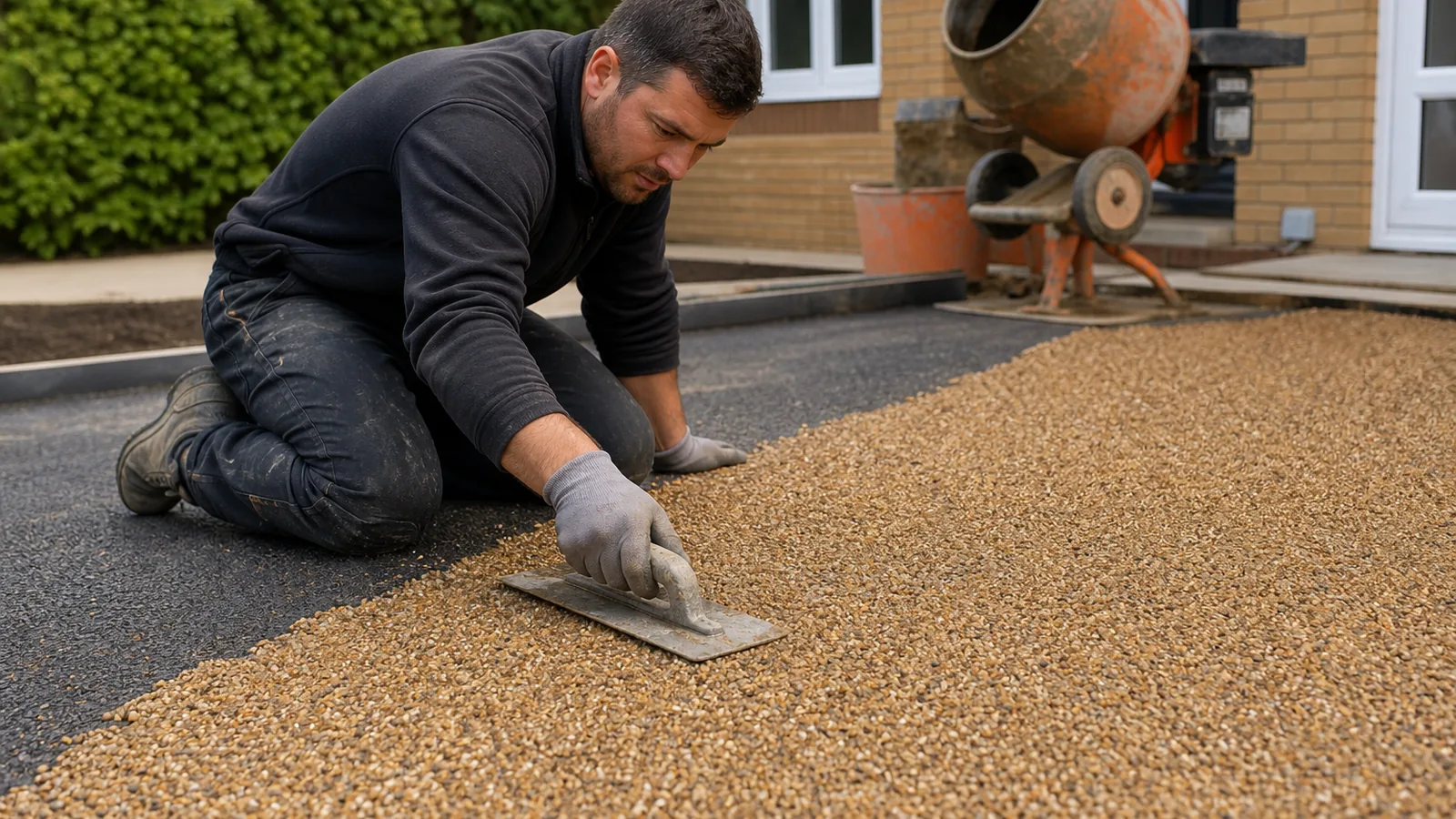 Installer hand-trowelling resin bound aggregate during a UK driveway installation