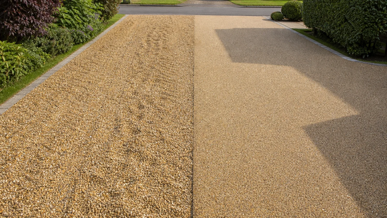 Loose gravel driveway shown next to a bound resin driveway of the same aggregate