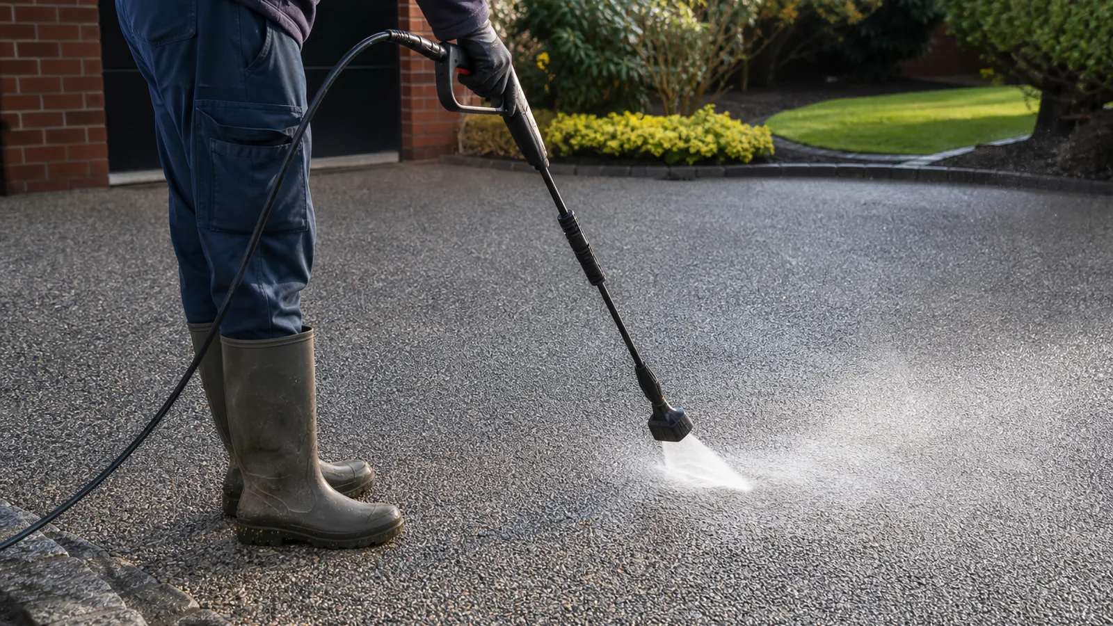 Homeowner jet washing a resin bound driveway as part of annual maintenance