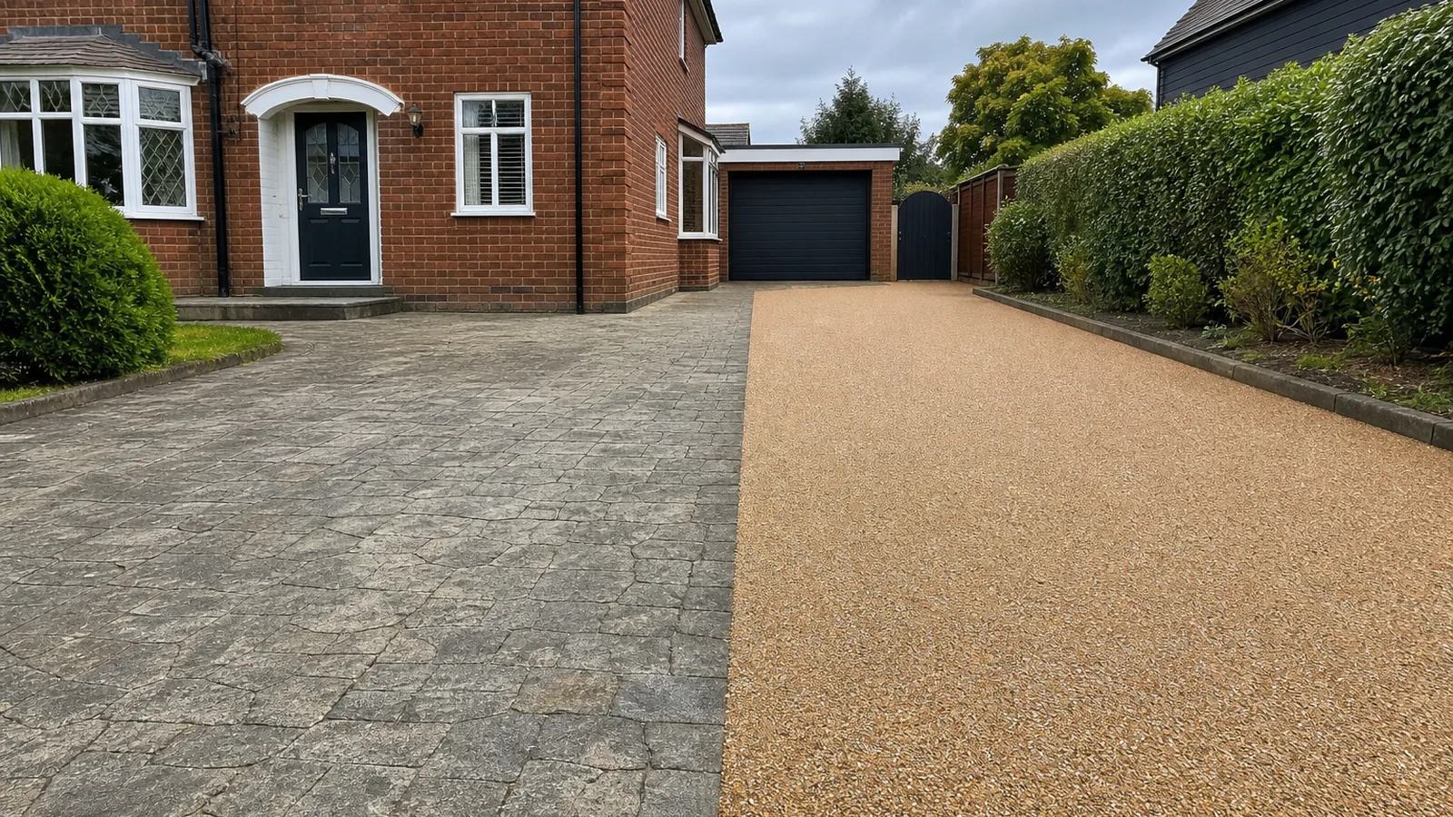 Pattern imprinted concrete driveway compared with a resin bound driveway